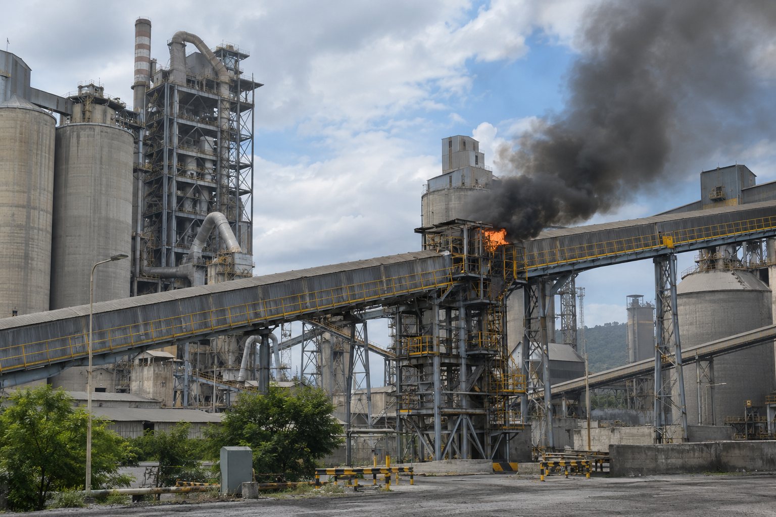 Smoke and flames on a conveyor gallery at a cement plant