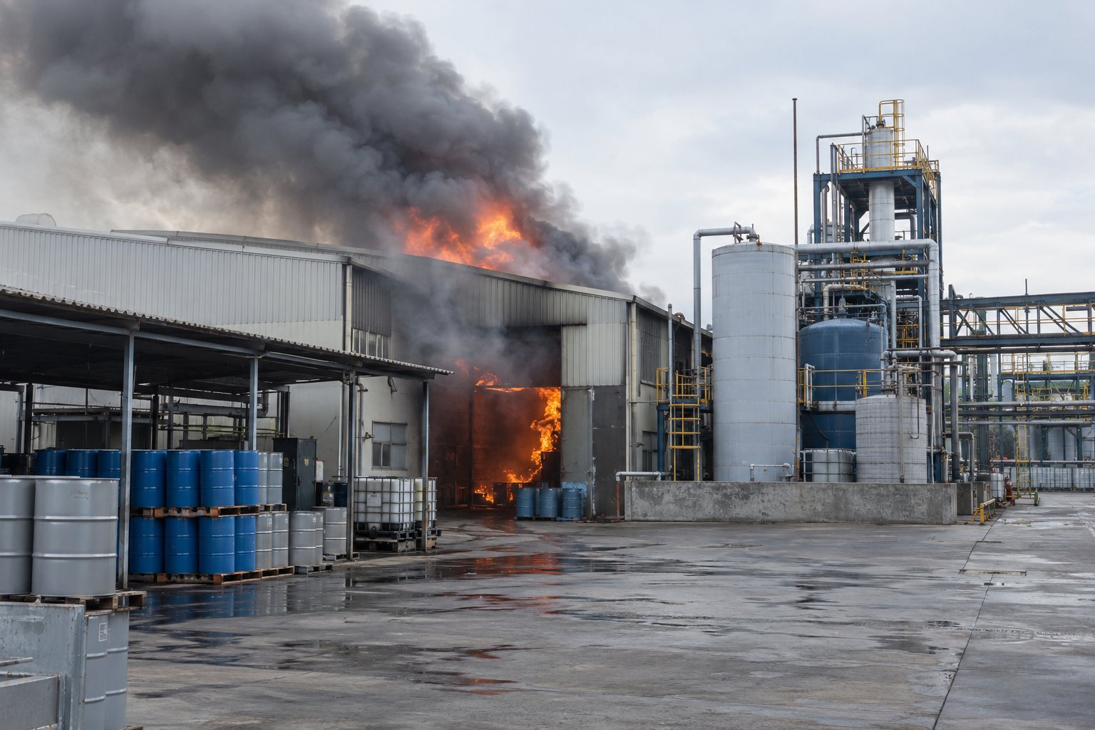 Fire at the drum-storage shed of a chemical plant