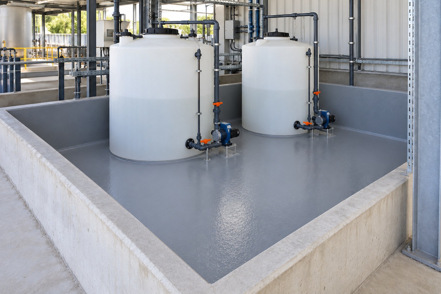 AI illustration of a seamless chemical-resistant lining around industrial tanks