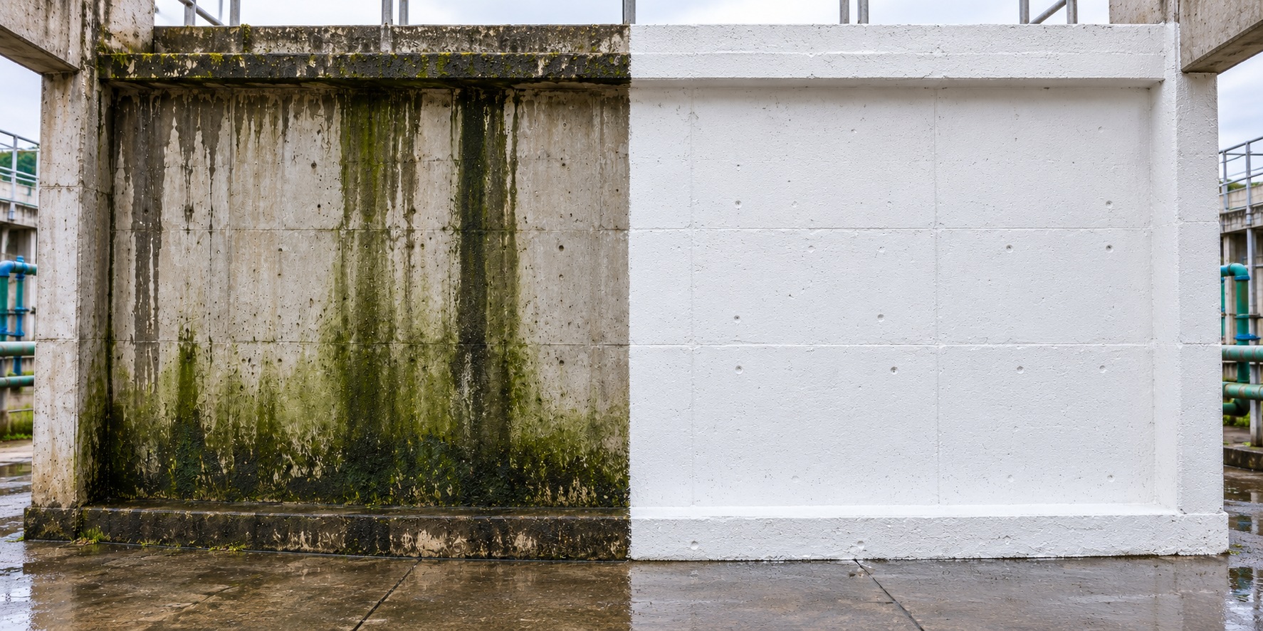 AI illustration comparing algae-affected RCC before and after cleaning, preparation and 753 treatment