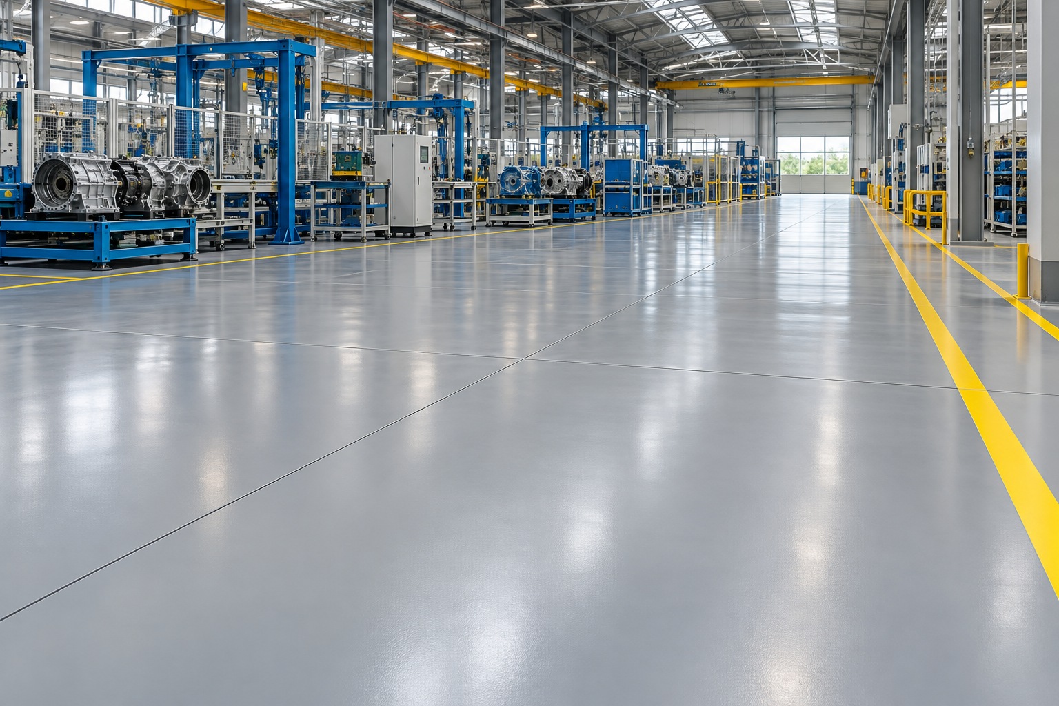 AI illustration of seamless epoxy flooring in a factory