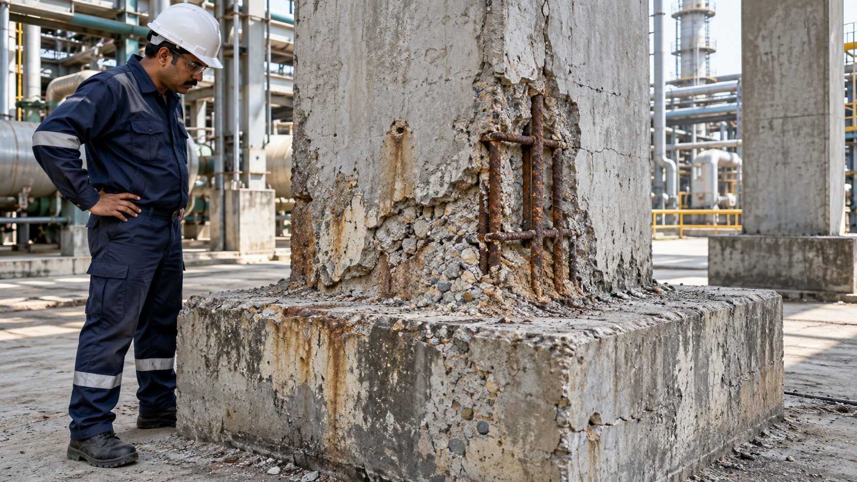 AI illustration of damaged industrial concrete and exposed reinforcement