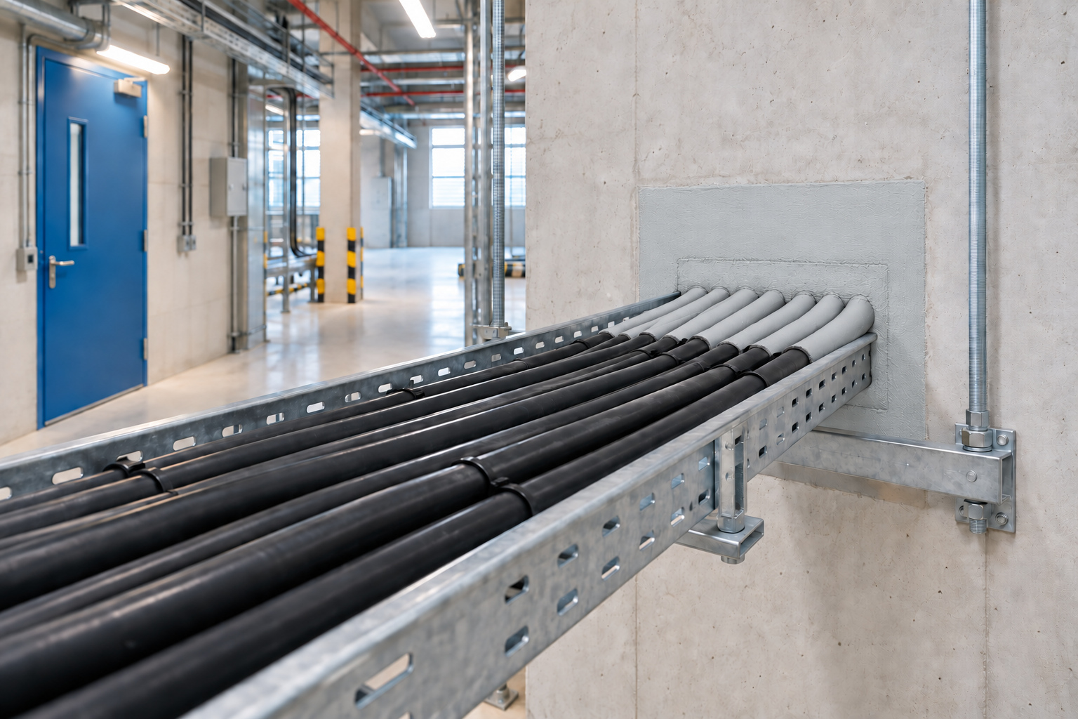 Sealed opening. Coated cables. Installation illustration.