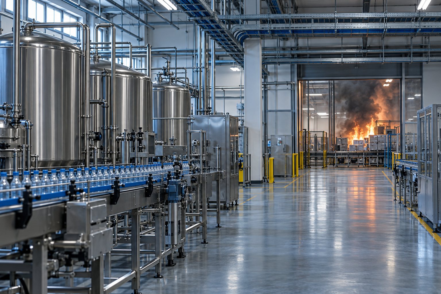Fire at the far end of a food and beverage bottling hall