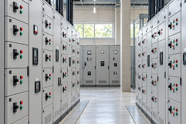 MCC switchgear cabinets in an industrial electrical room