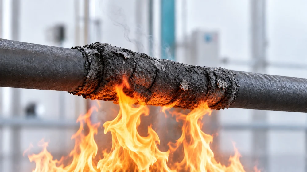 Fire-protective coating expanding around a cable exposed to flames