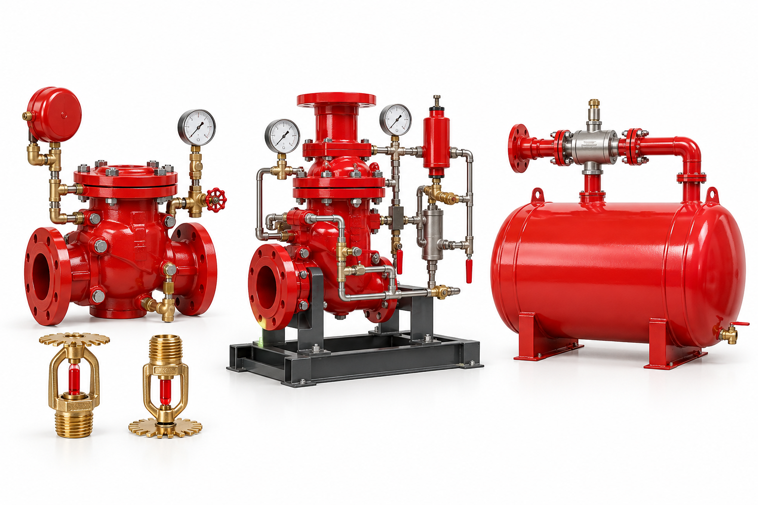Red alarm valves, sprinkler heads and a foam tank