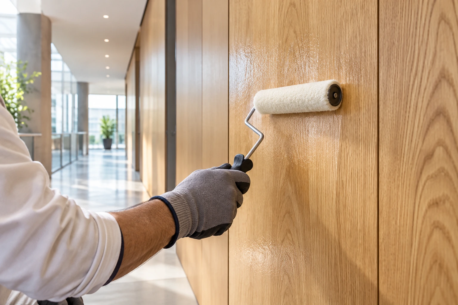 Clear fire-protective finish rolled onto wooden wall panelling