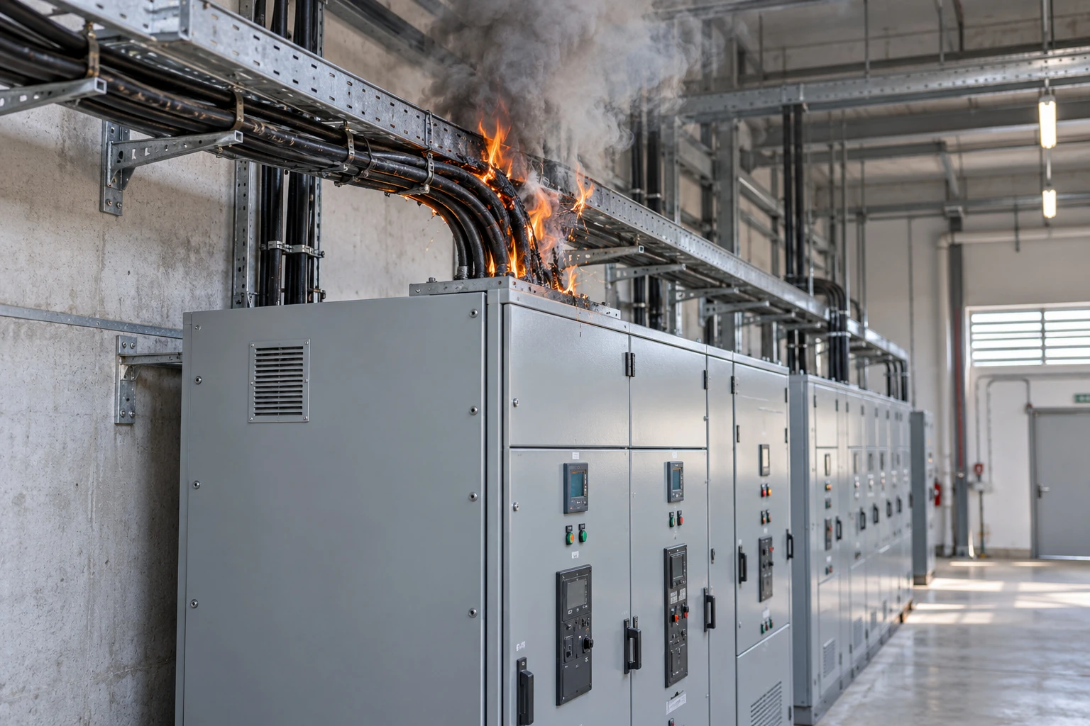 Electrical cable fire beside industrial switchgear