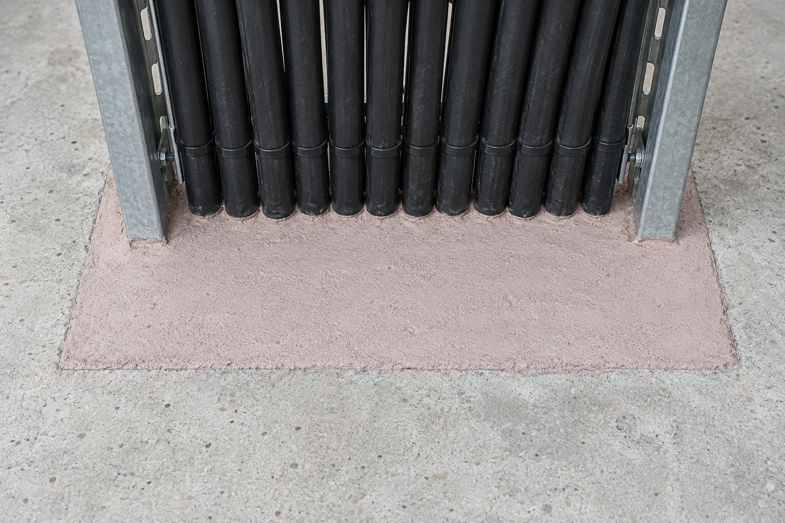 Firestop mortar tightly sealing a cable-tray penetration through a concrete floor
