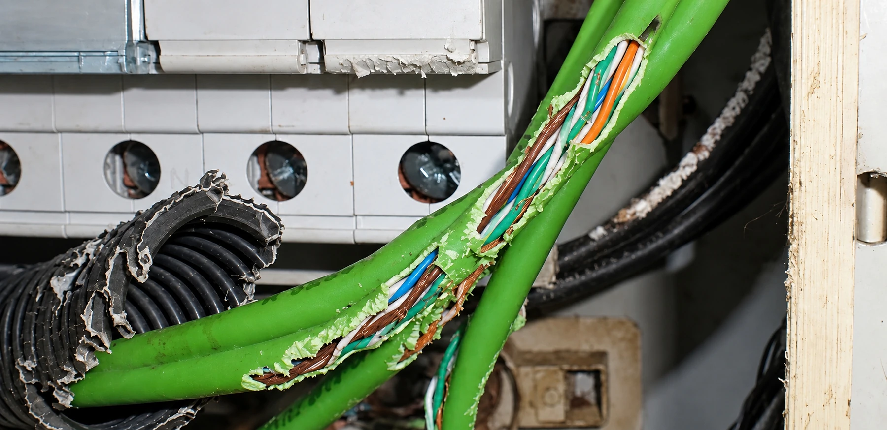 Rat-bitten cables beside an electrical panel