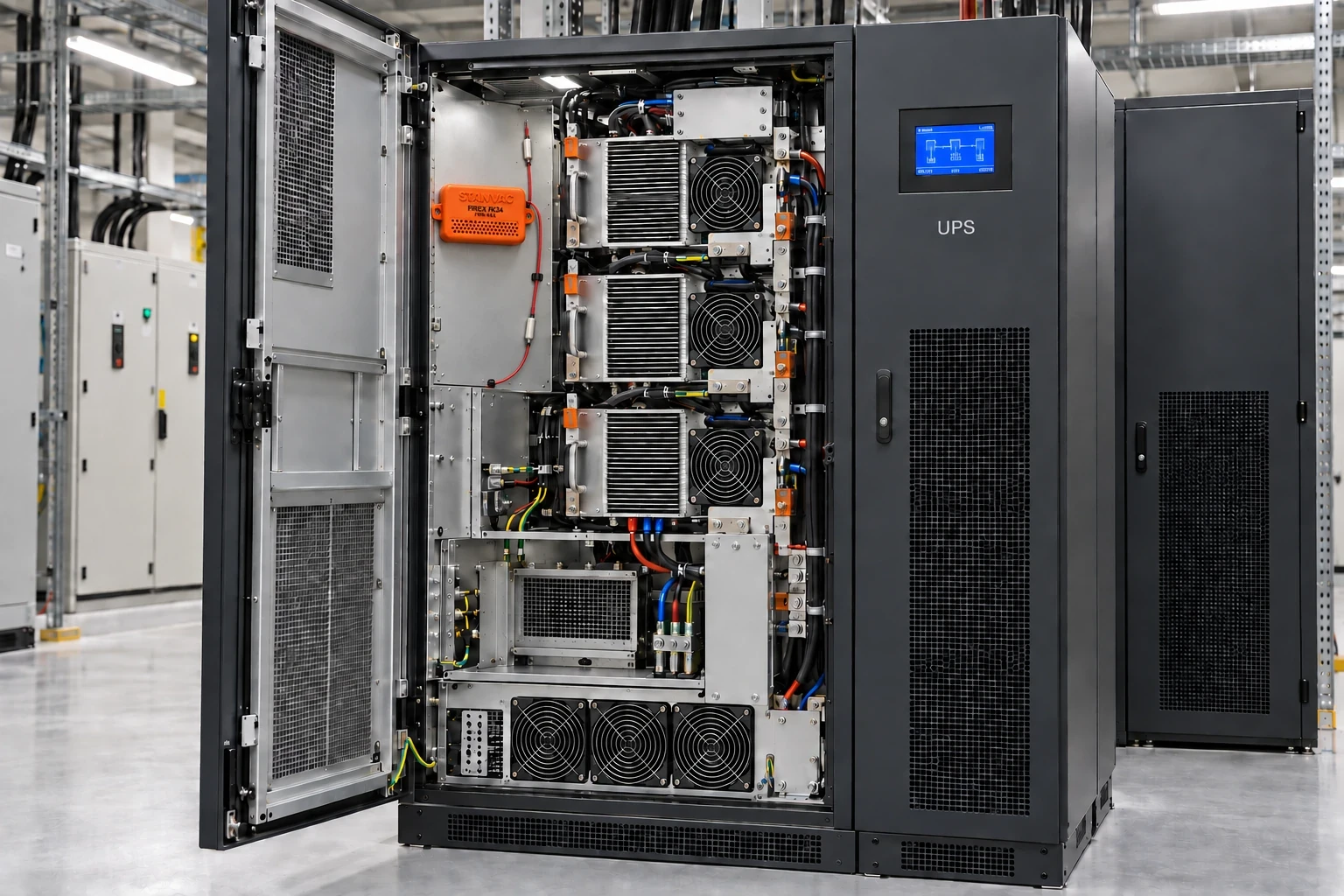 Open UPS enclosure showing its internal electrical equipment