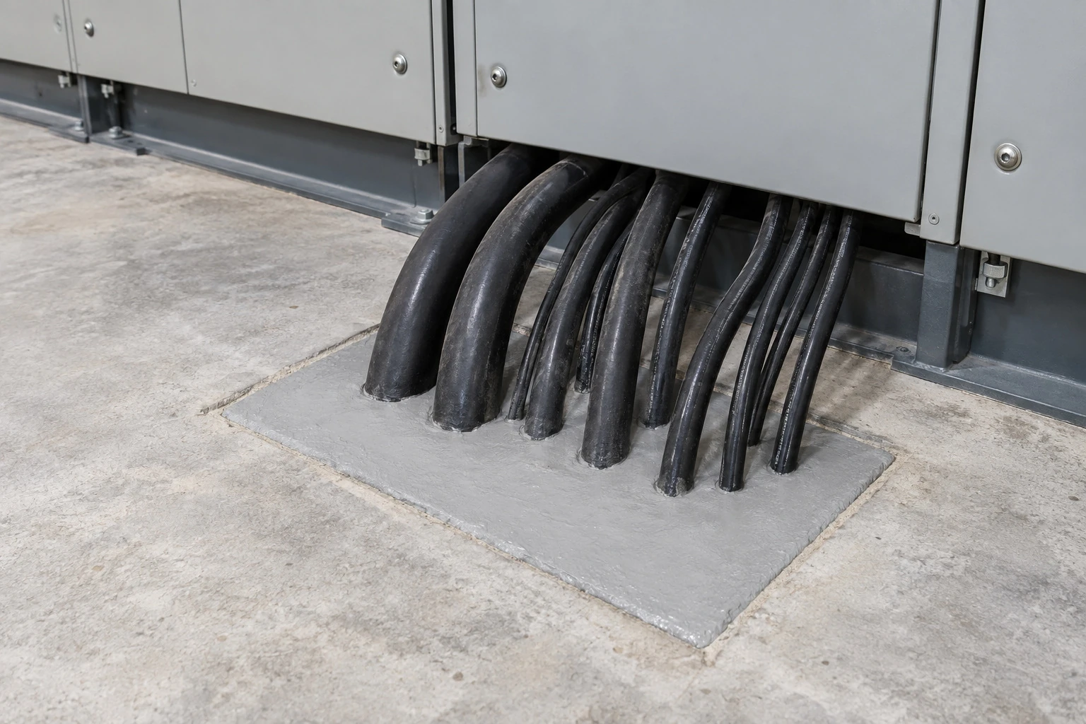 Grey firestop mortar poured around cables entering a panel