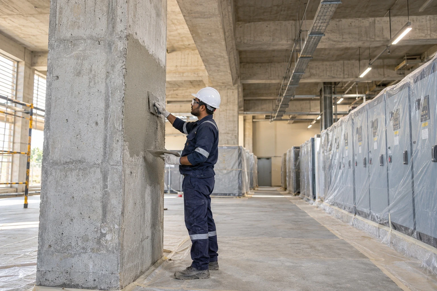 Worker applying fire plaster to a concrete column