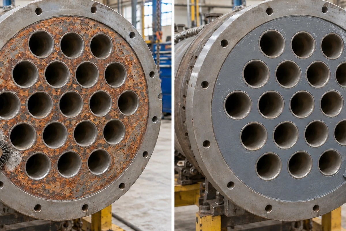 Heat exchanger tube sheets, one rusted and one rebuilt and protected