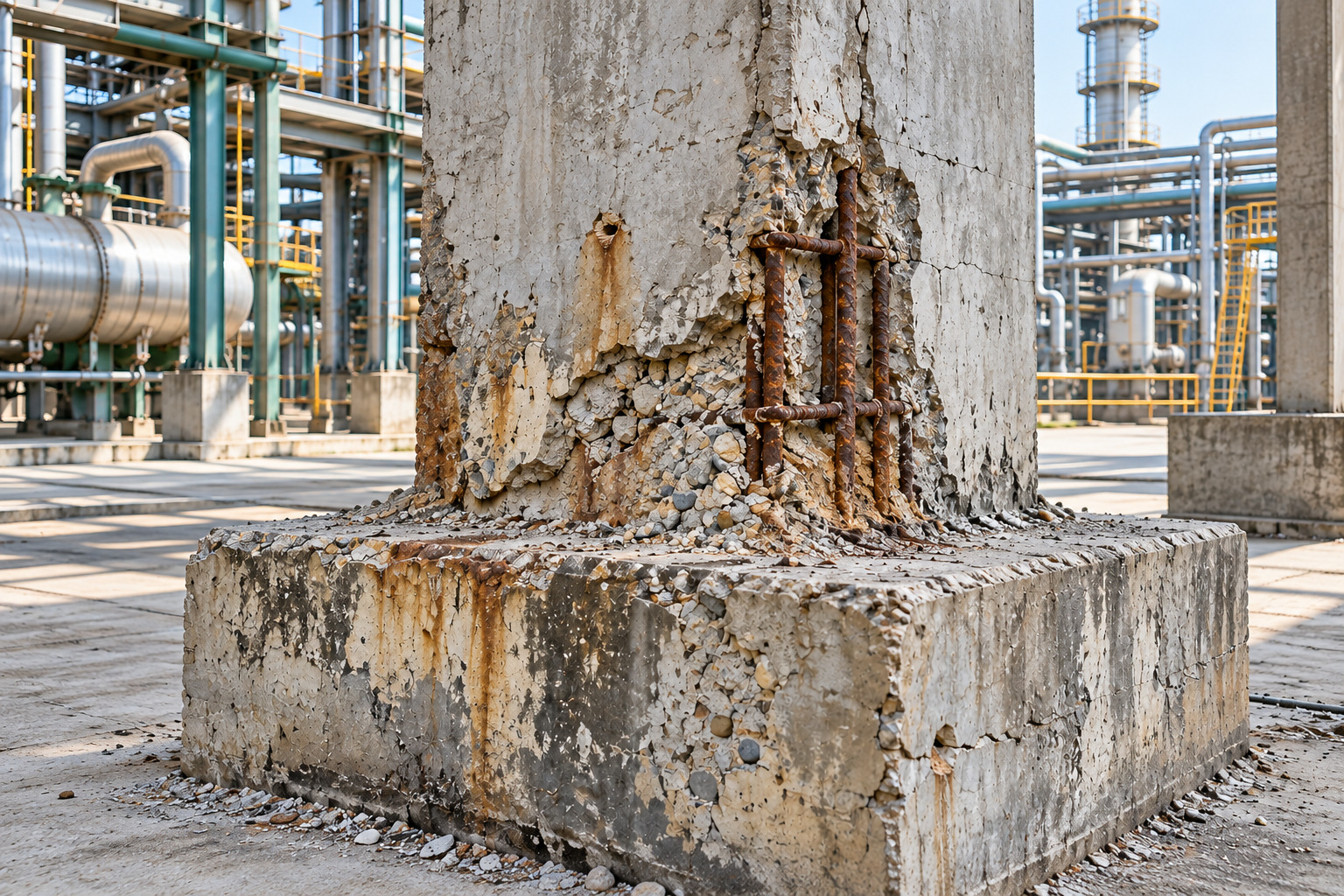 Damaged concrete plinth with exposed, rusted reinforcement in an industrial plant