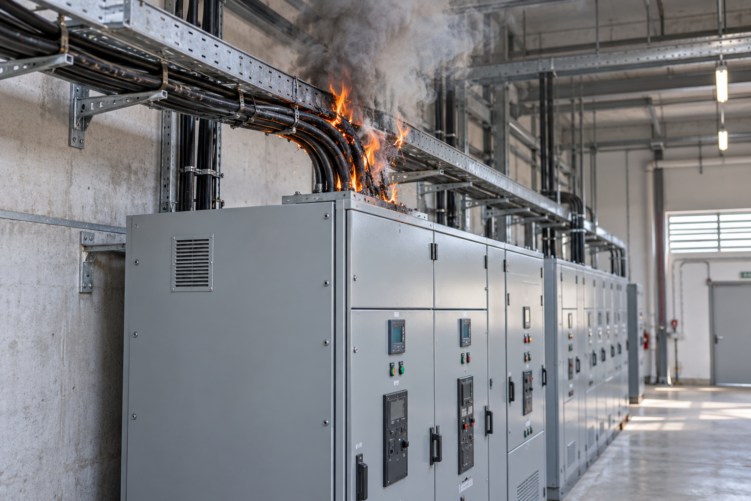 Electrical cable fire beside industrial switchgear
