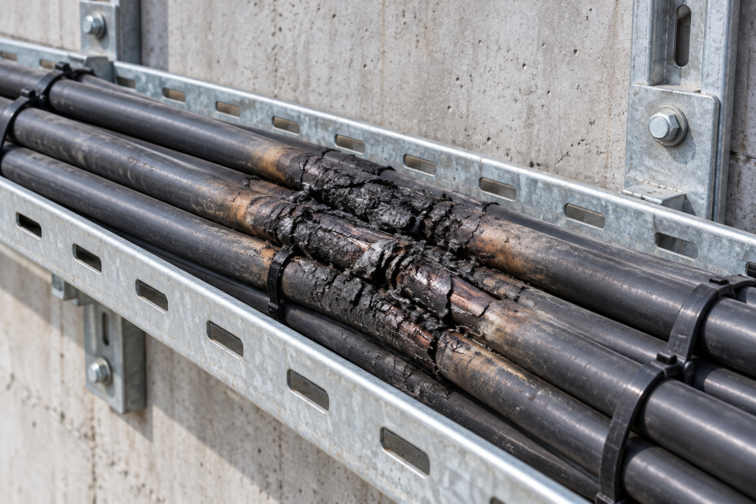 Fire-damaged industrial cables with blistered and charred insulation
