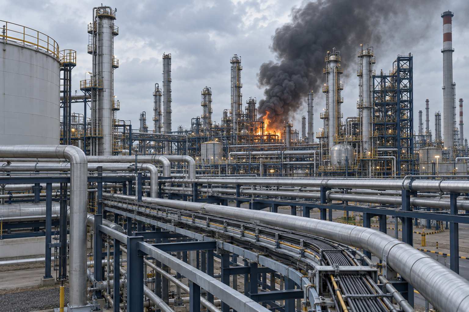 Smoke and flames rising from a refinery process unit behind its pipe racks
