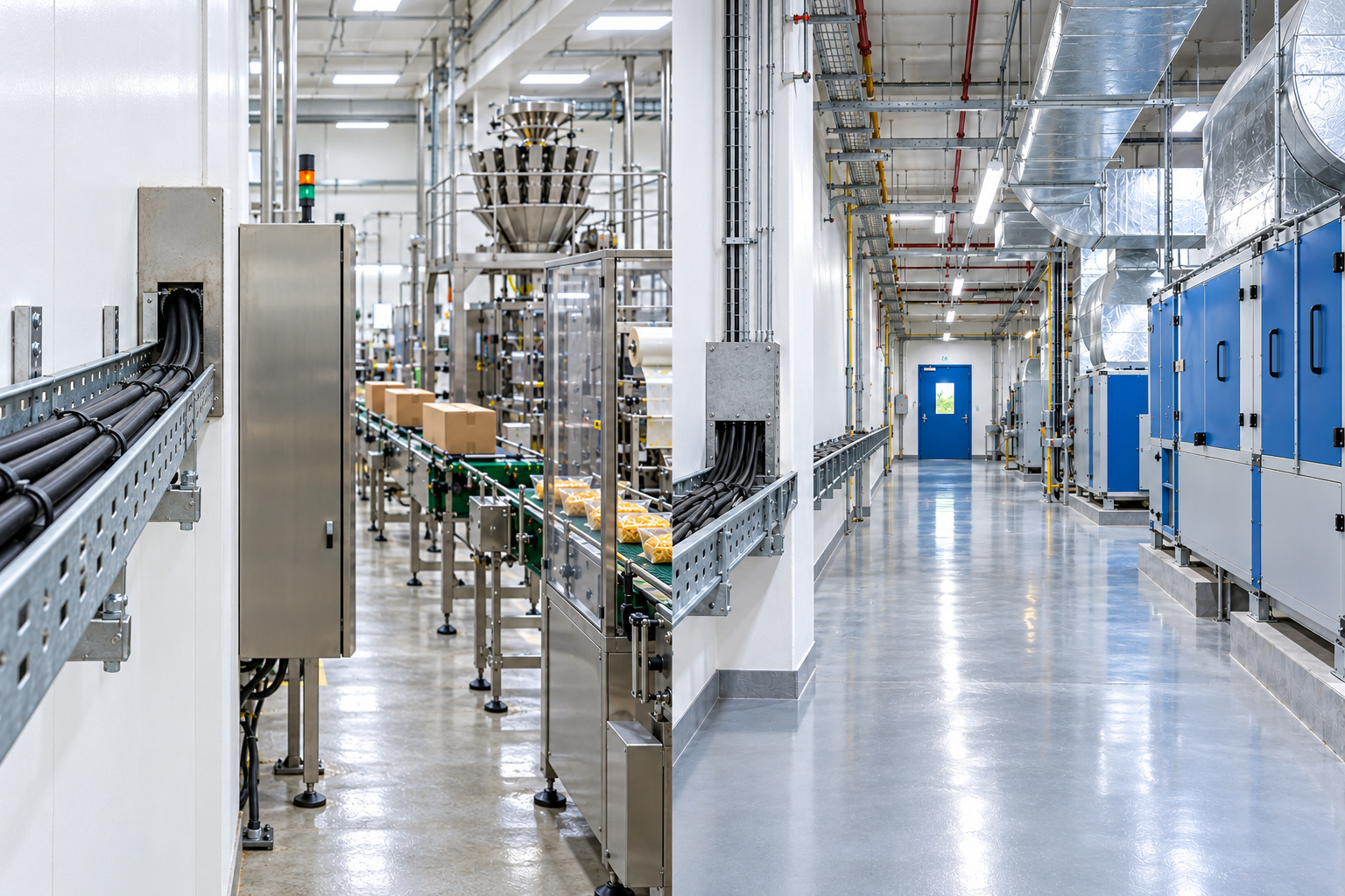 Food packing line on the left and pharma AHU service gallery on the right, with their cable routes