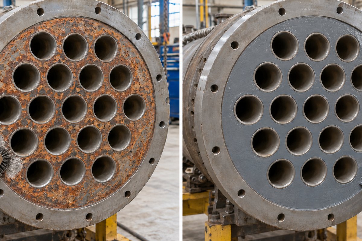 Heat exchanger tube sheets, one rusted and one rebuilt and protected