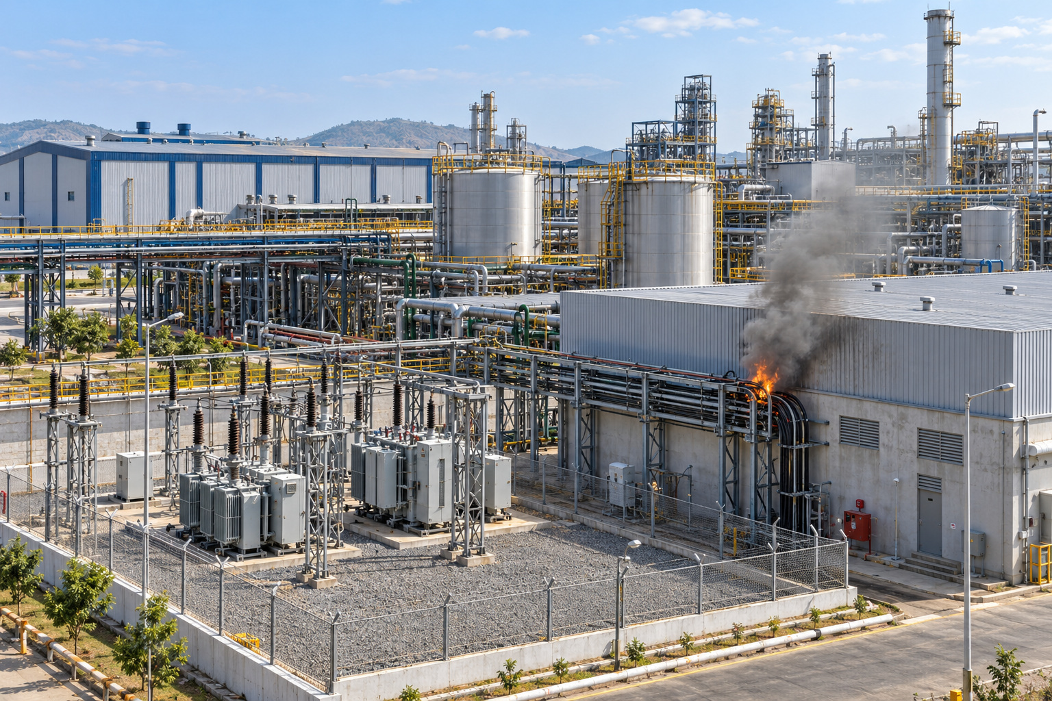Industrial plant with process piping and a fire in a cable-service area
