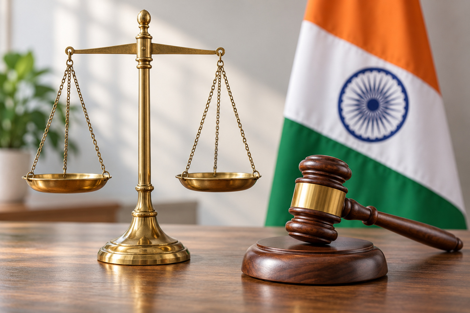 Scales of justice and a gavel with the Indian flag in the background