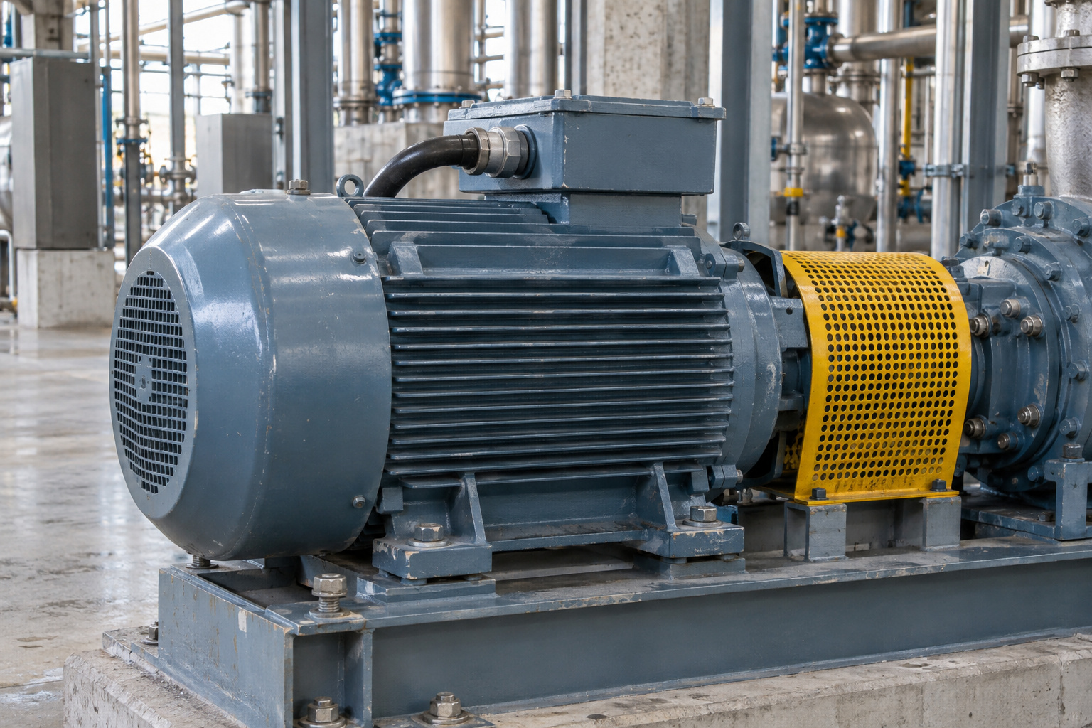 Industrial electric motor coupled to a pump on a skid, with its yellow coupling guard