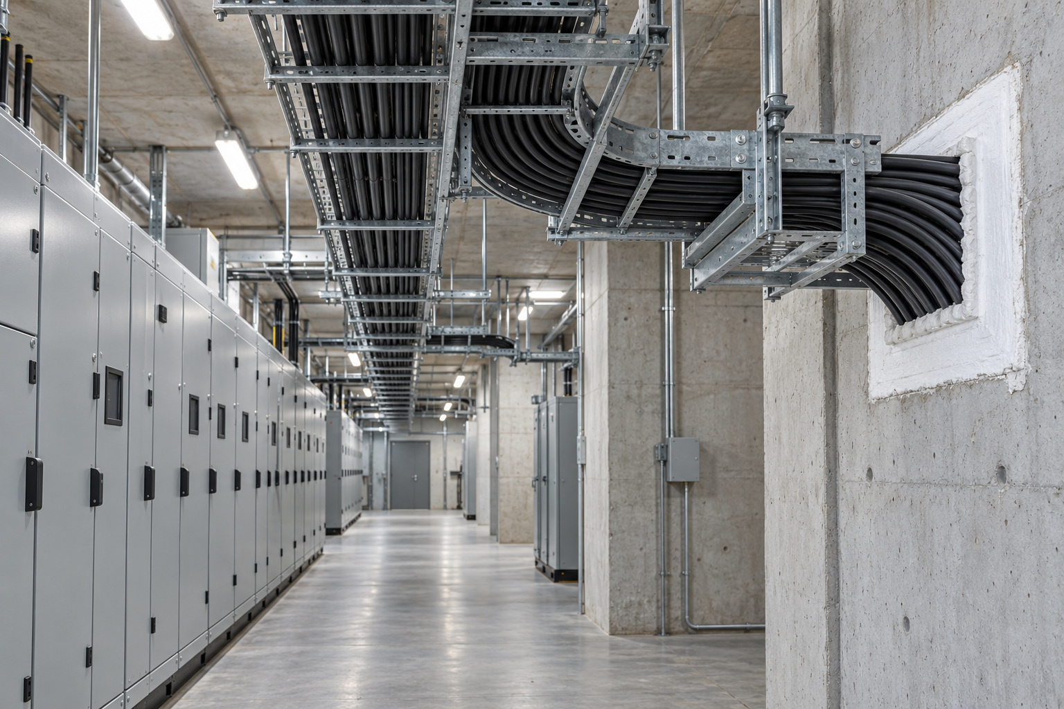 Electrical service gallery showing panels, cable trays and sealed wall openings