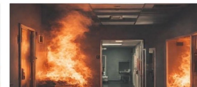 Fire spreading through a hospital corridor