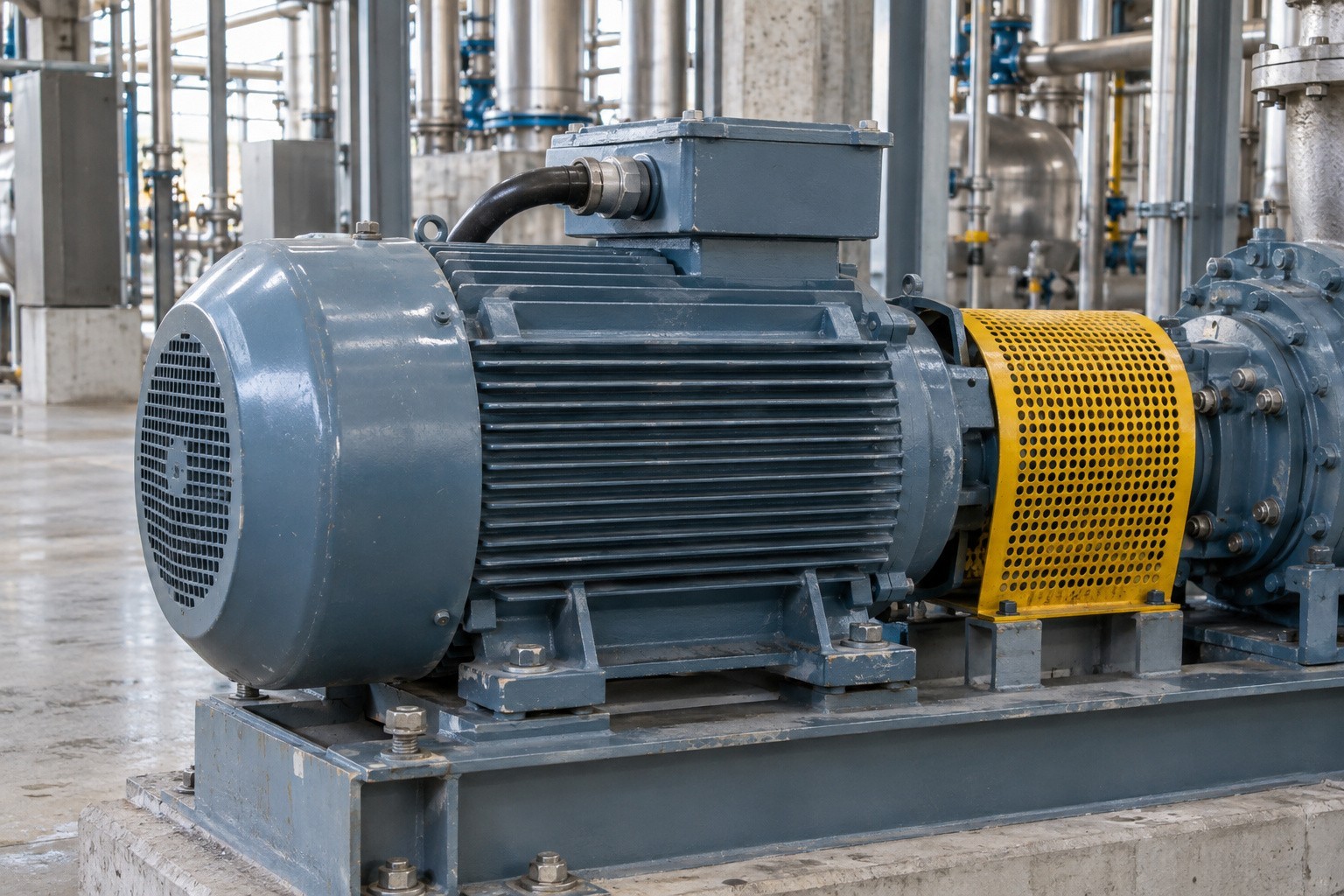Industrial motor coupled to a process pump.
