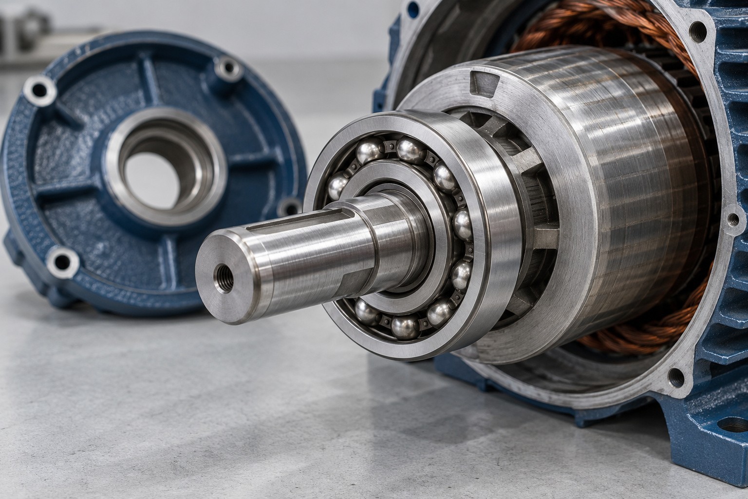 Motor shaft bearing beside the winding zone.