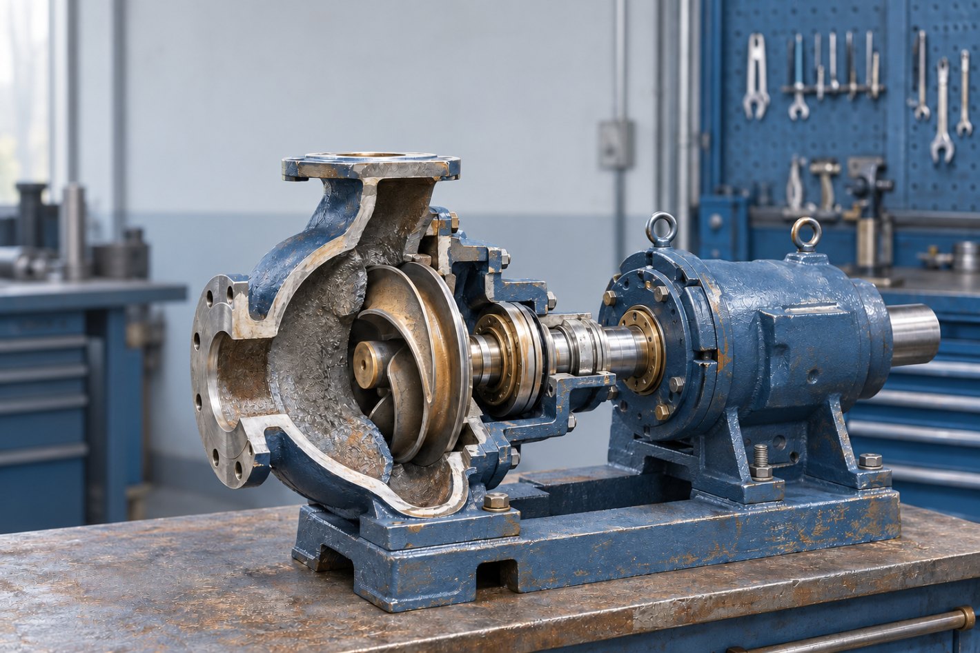 Sectioned centrifugal pump showing the wet end, bearing housing, seal or packing and outer casing.