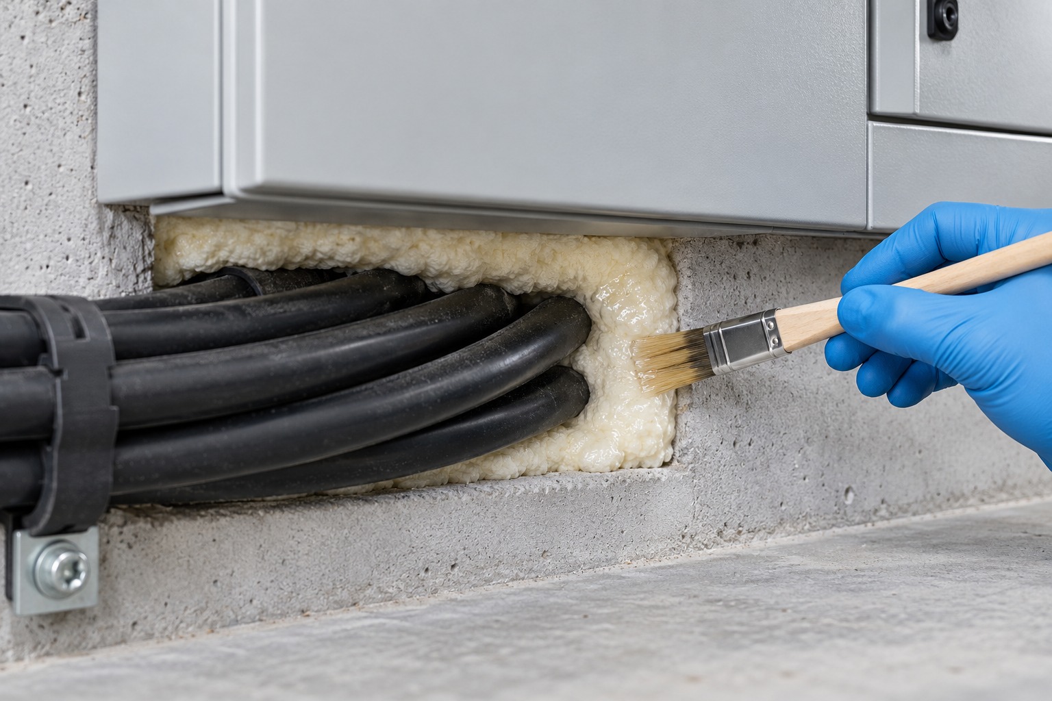 Application illustration of foam sealing a narrow cable cavity