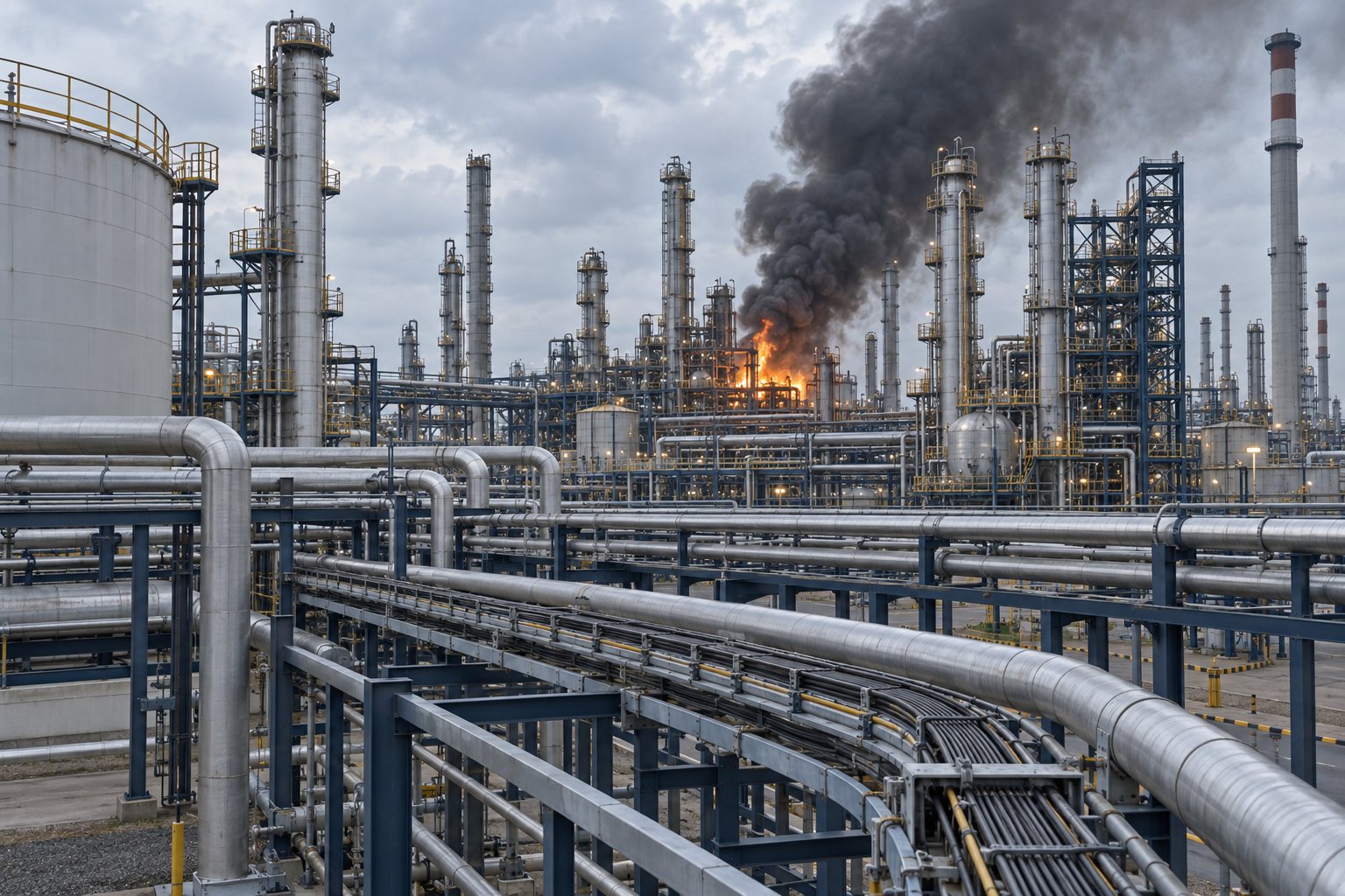 Smoke rising from a refinery process unit behind its pipe racks
