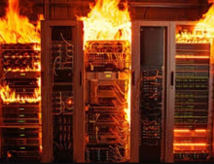 Server-room cables alight; 7034 denies the fuel.