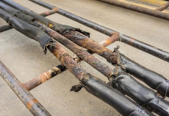 Fire-charred cables; coated circuits stay alive.