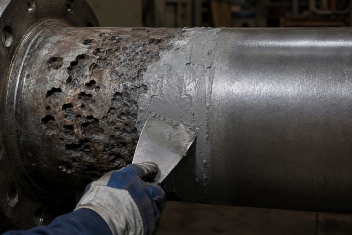 A corroded pipe section rebuilt and troweled smooth — no replacement.