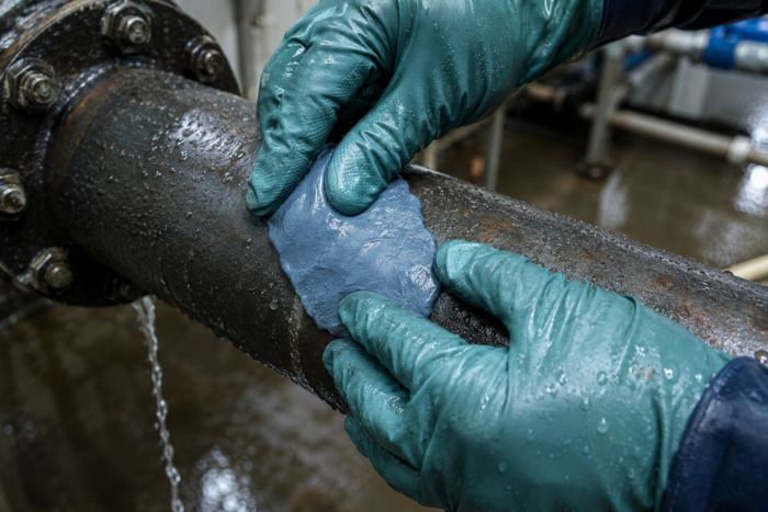 A wet pipe surface mended without draining the line.