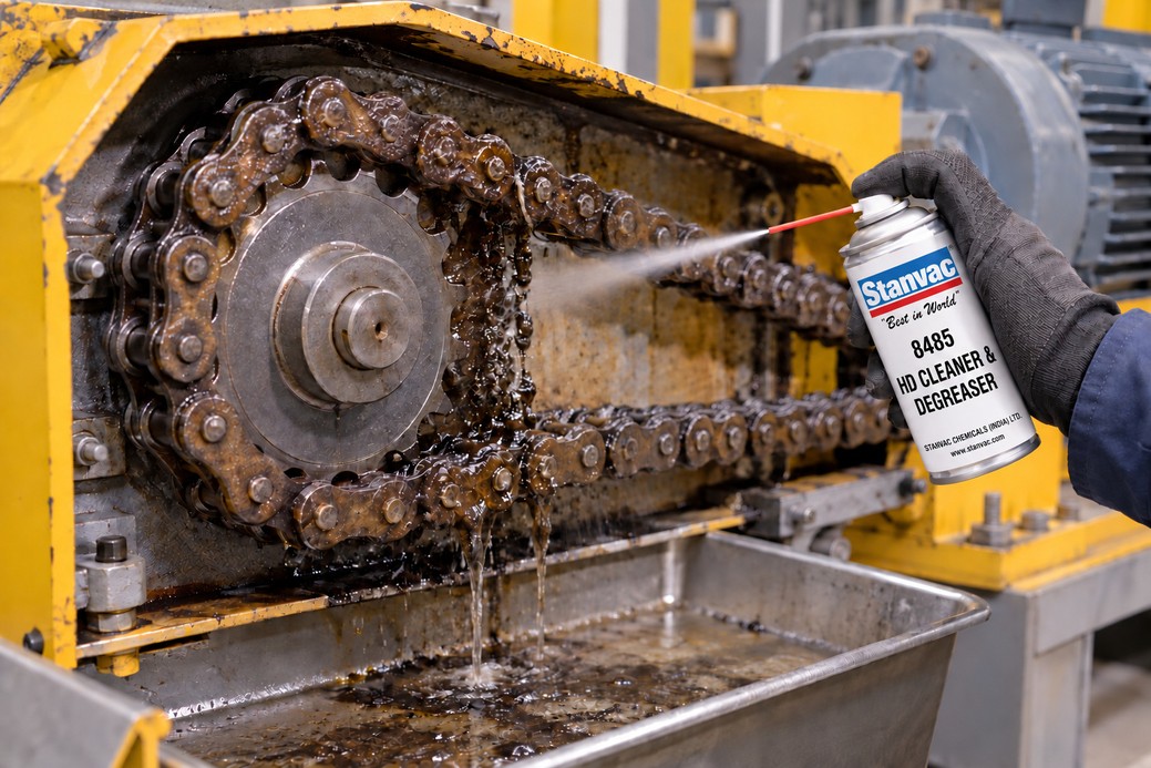 GREASY CHAINS & SPROCKETS: Clear thick, dried lubricant deposits from chains in place.