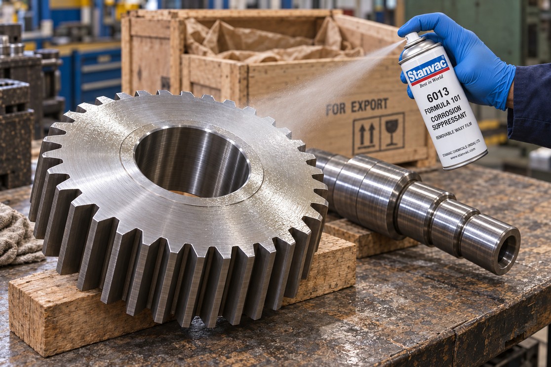 STORED GEARS & MACHINE SPARES: Protect spares for 5-10 years. Remove the waxy film when needed.