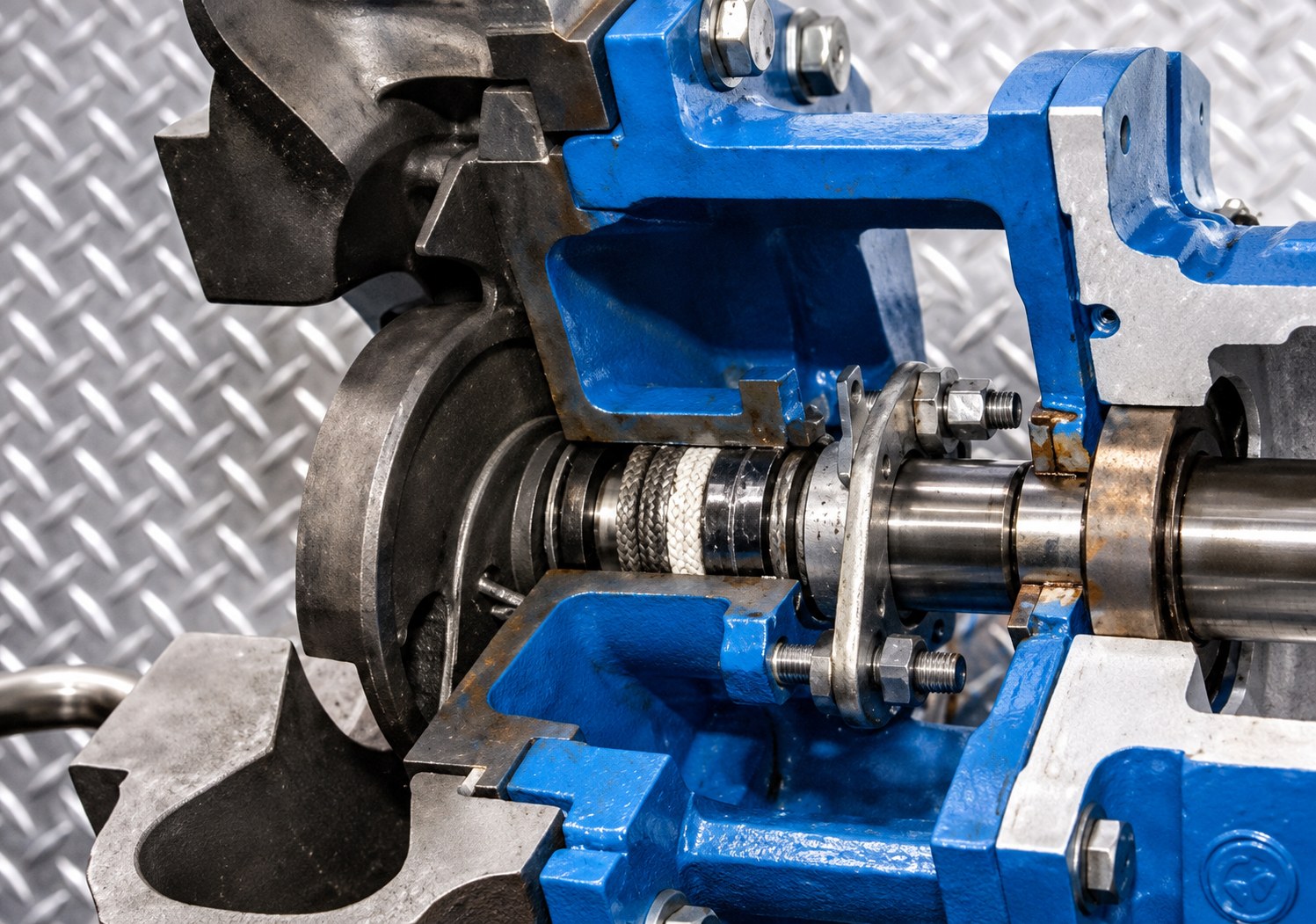 Gland packing dressed in place; the shaft is protected.