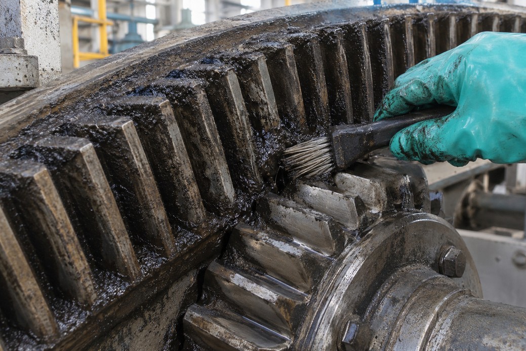 OPEN GEAR TEETH: Strip gear teeth clean of hardened oil and tar.