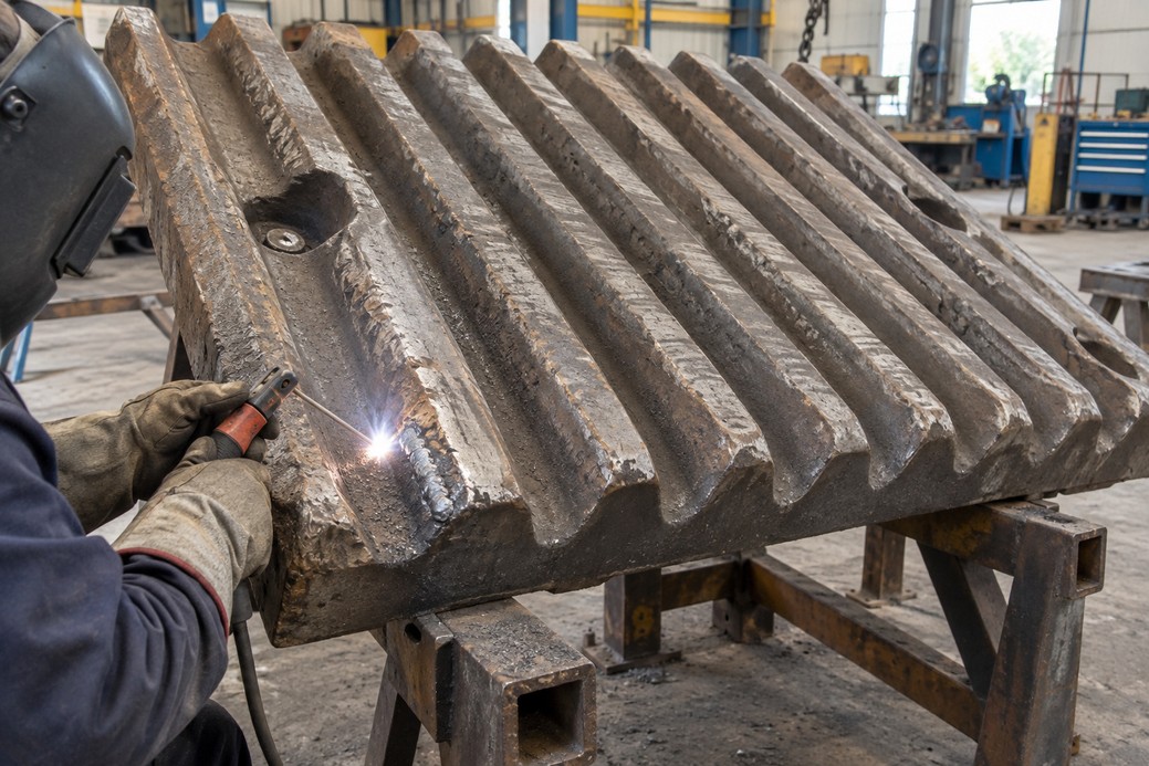 MANGANESE-STEEL CRUSHER LINERS: Crack-resistant repairs put crusher liners back in service.