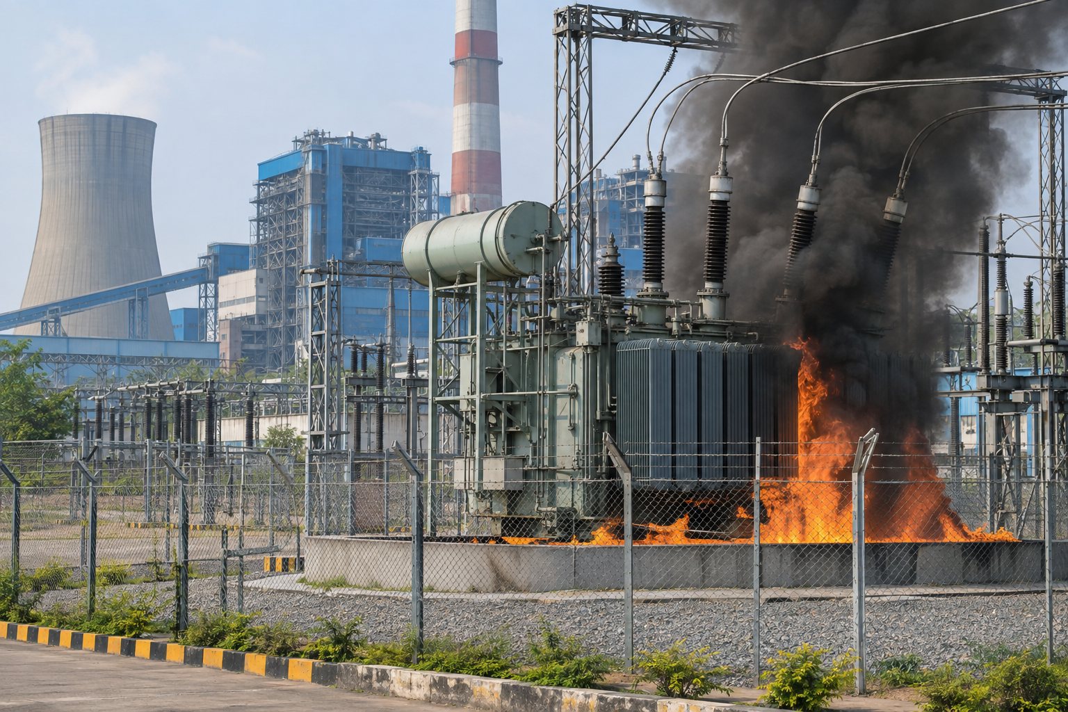 Transformer fire in the switchyard of a thermal power station